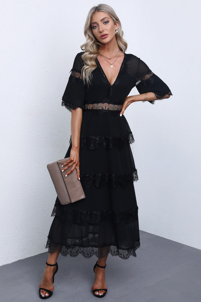 V Neck Swiss Dot Sheer Lace Long Maxi Dress