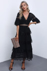 V Neck Swiss Dot Sheer Lace Long Maxi Dress