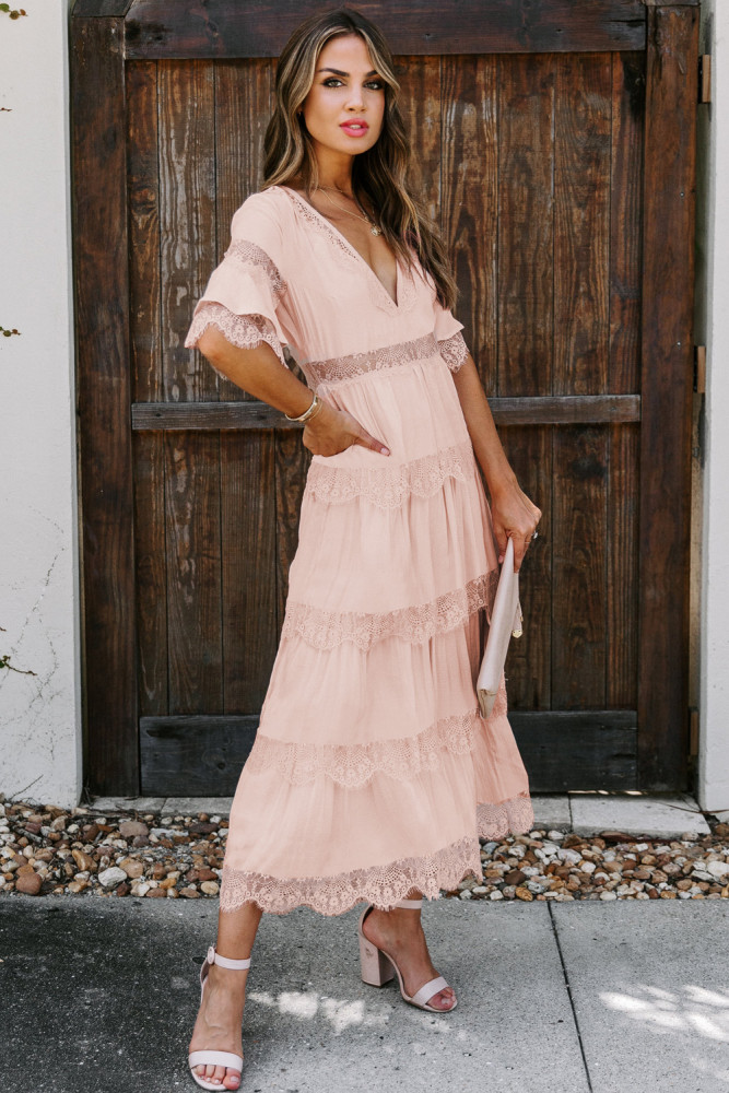 V Neck Swiss Dot Sheer Lace Long Maxi Dress