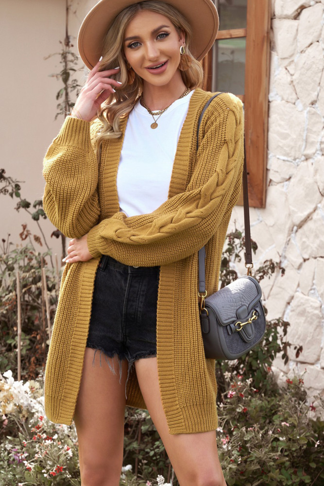 Open Front Cable Knit Long Cardigan for Women