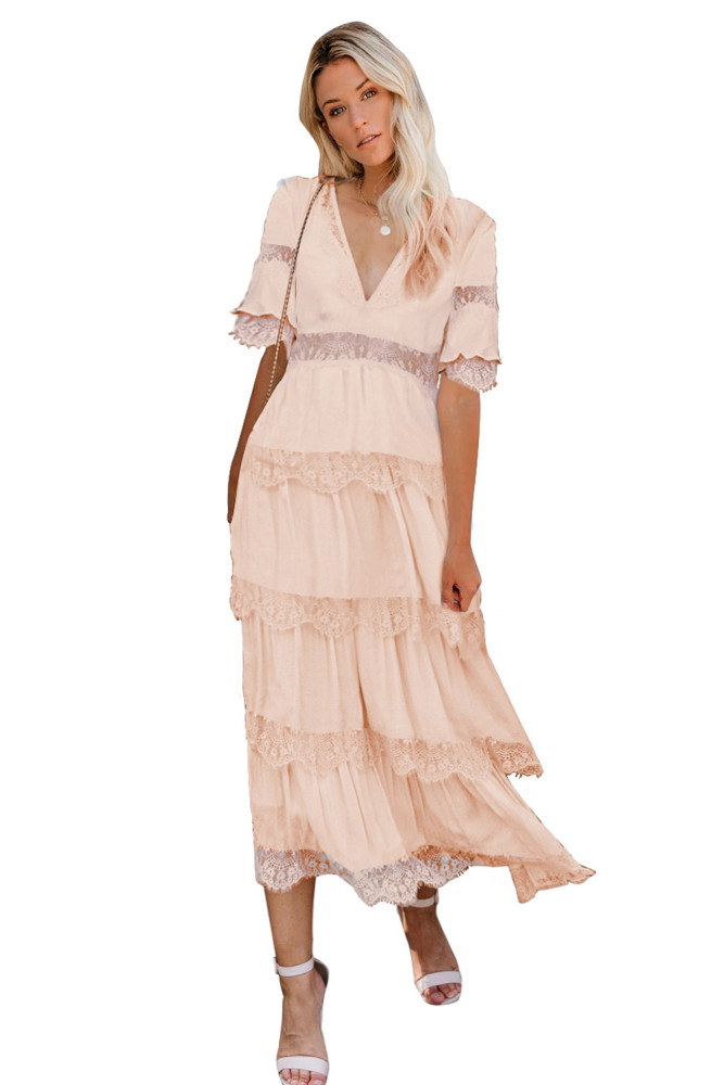 V Neck Swiss Dot Sheer Lace Long Maxi Dress