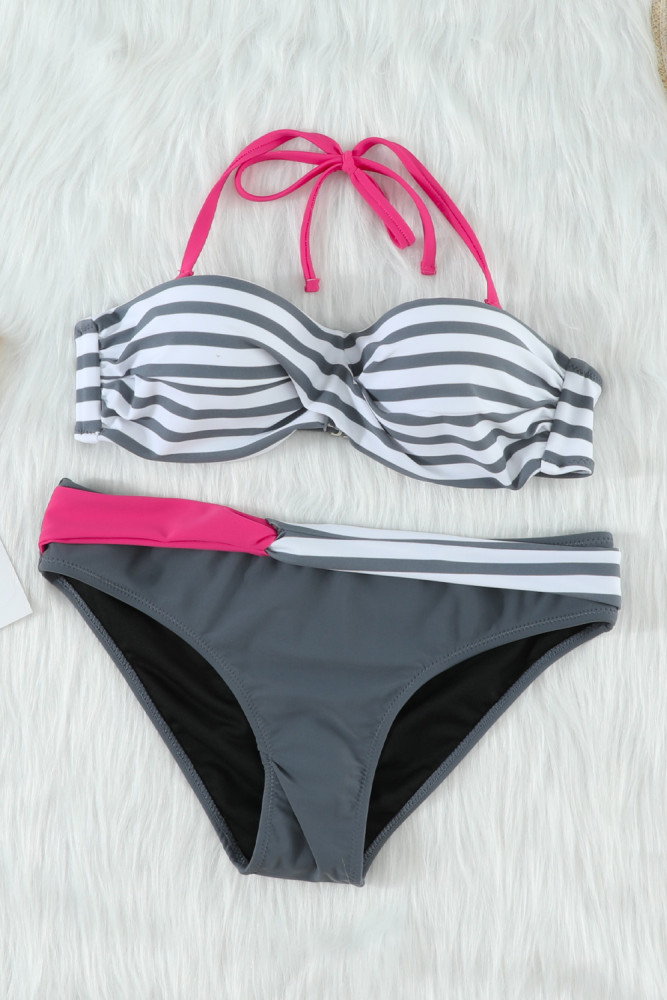 Halter Bandeau Striped Bikini Set for Women