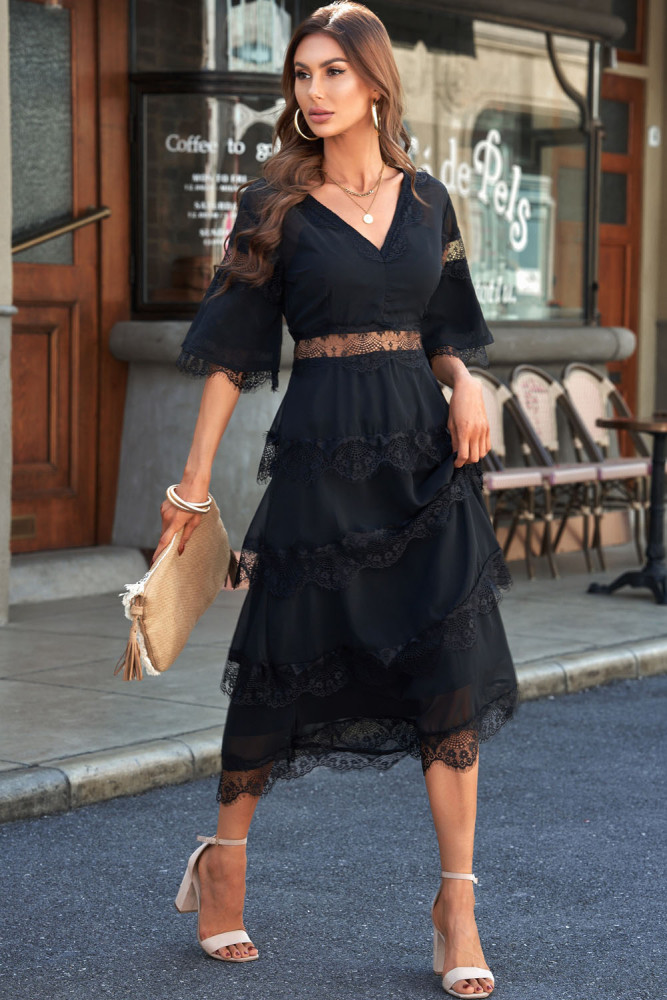 V Neck Swiss Dot Sheer Lace Long Maxi Dress