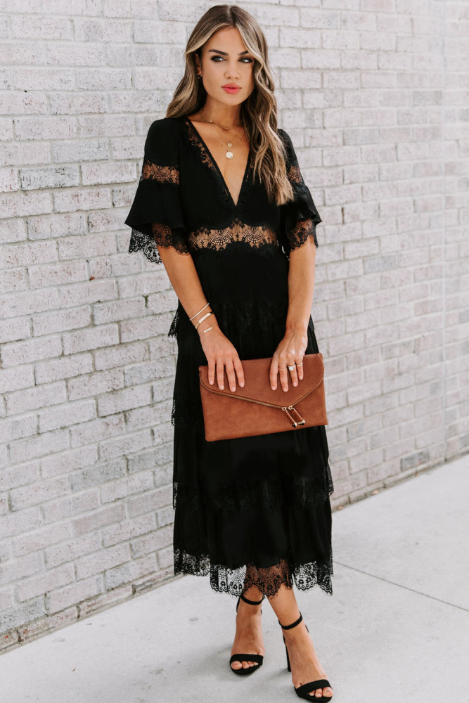 V Neck Swiss Dot Sheer Lace Long Maxi Dress