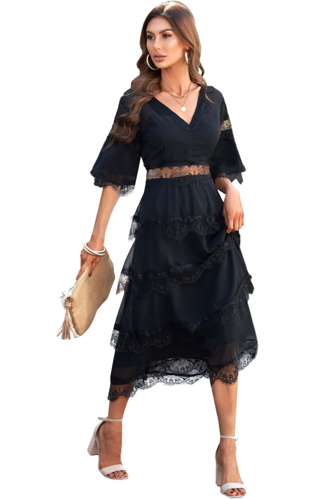 V Neck Swiss Dot Sheer Lace Long Maxi Dress