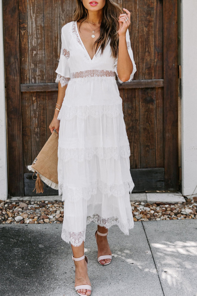 V Neck Swiss Dot Sheer Lace Long Maxi Dress