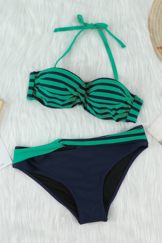 Halter Bandeau Striped Bikini Set for Women