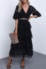 V Neck Swiss Dot Sheer Lace Long Maxi Dress