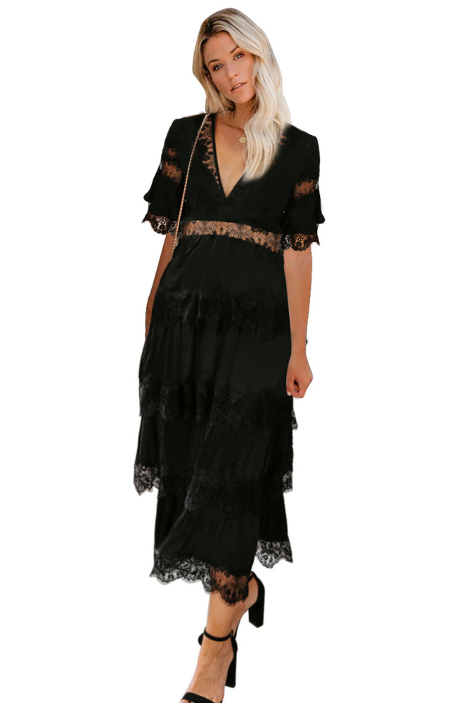 V Neck Swiss Dot Sheer Lace Long Maxi Dress
