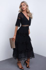V Neck Swiss Dot Sheer Lace Long Maxi Dress