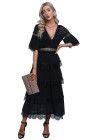 V Neck Swiss Dot Sheer Lace Long Maxi Dress