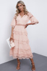 V Neck Swiss Dot Sheer Lace Long Maxi Dress