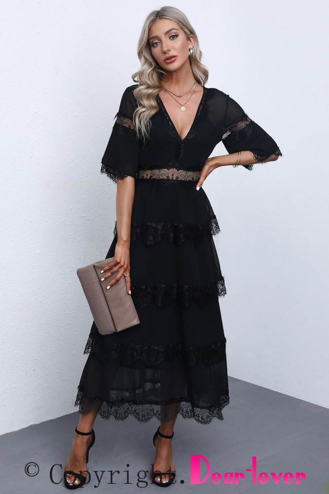 V Neck Swiss Dot Sheer Lace Long Maxi Dress