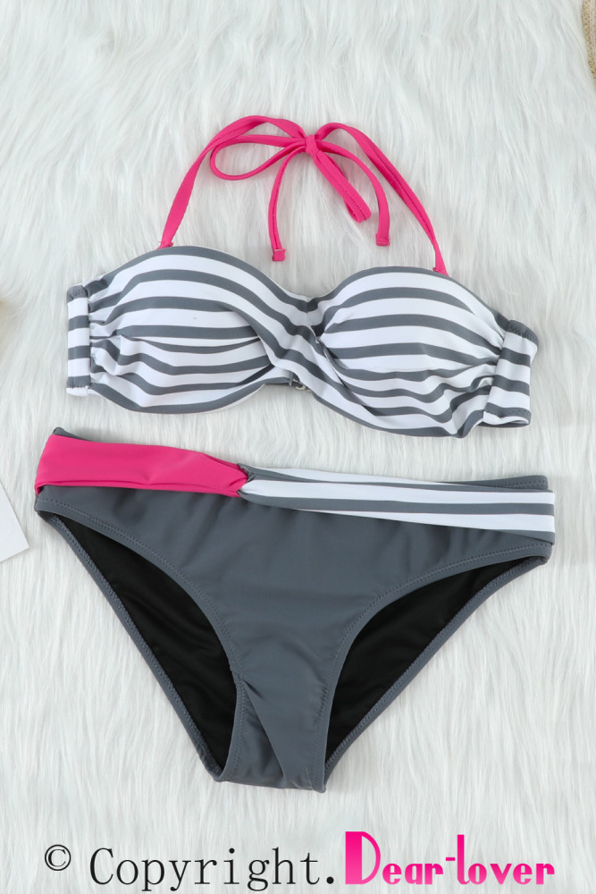 Halter Bandeau Striped Bikini Set for Women