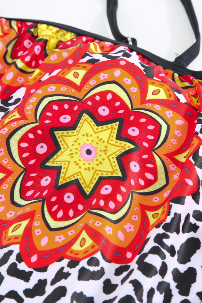 Floral Leopard Print Strapless Tankini Set