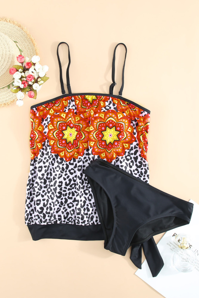 Floral Leopard Print Strapless Tankini Set
