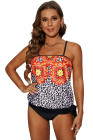 Floral Leopard Print Strapless Tankini Set
