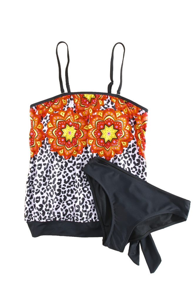 Floral Leopard Print Strapless Tankini Set