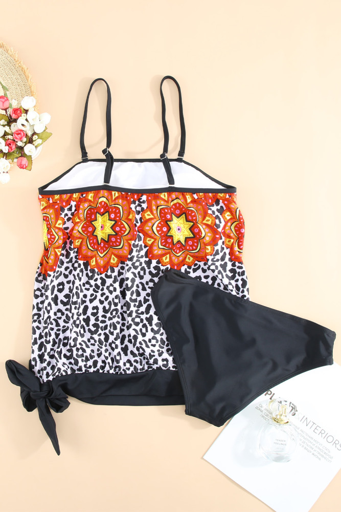 Floral Leopard Print Strapless Tankini Set