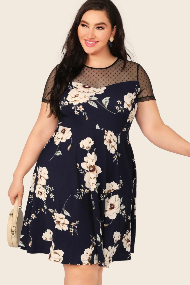 Womens Floral Mesh Plus Size Mini Dress