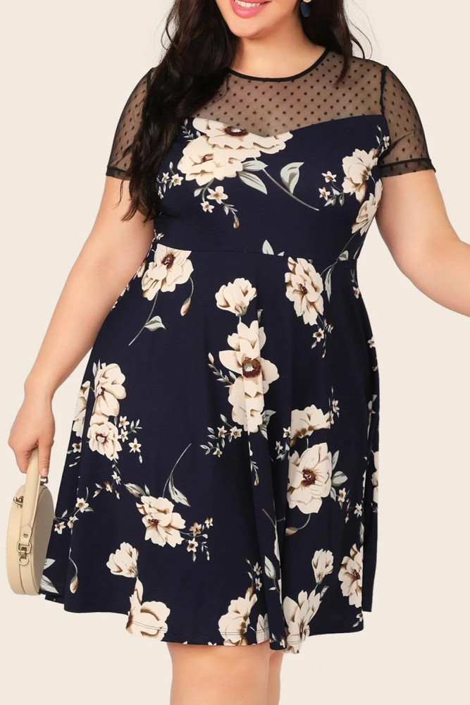 Womens Floral Mesh Plus Size Mini Dress