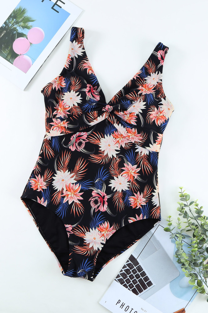Floral Twist Front Backless One-piece Swimwear