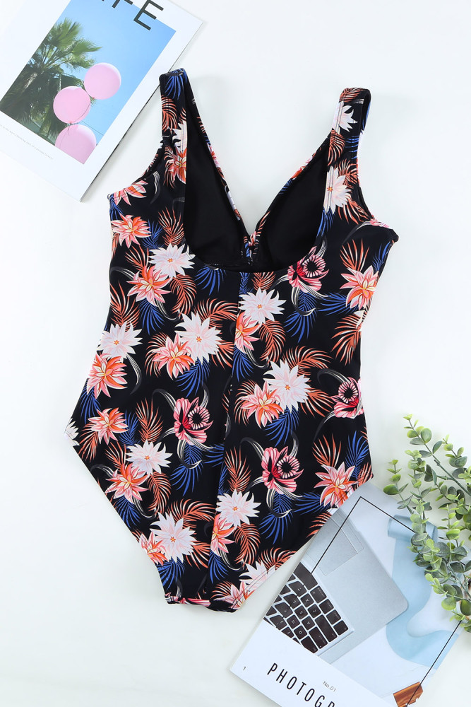 Floral Twist Front Backless One-piece Swimwear