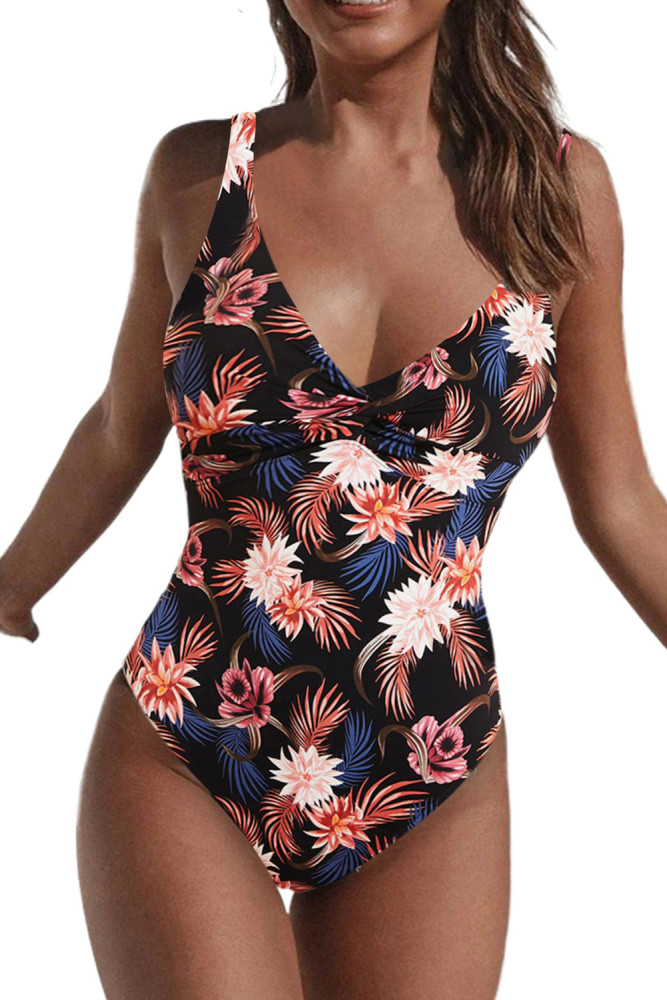 Floral Twist Front Backless One-piece Swimwear