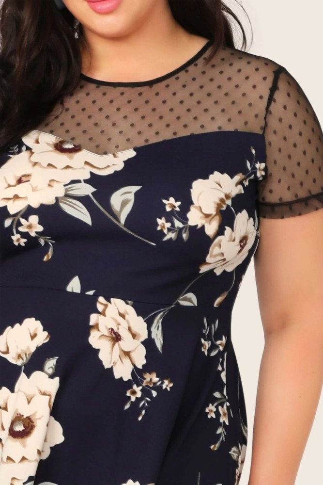 Womens Floral Mesh Plus Size Mini Dress