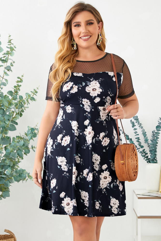 Womens Floral Mesh Plus Size Mini Dress