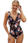 Floral Twist Front Backless One-piece Swimwear