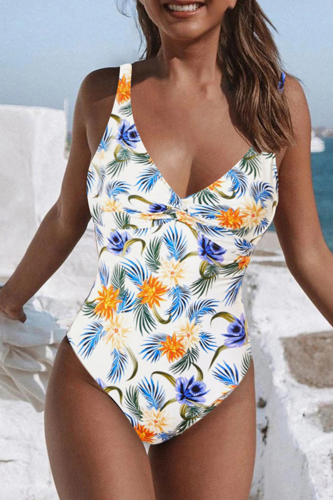 Floral Twist Front Backless One-piece Swimwear