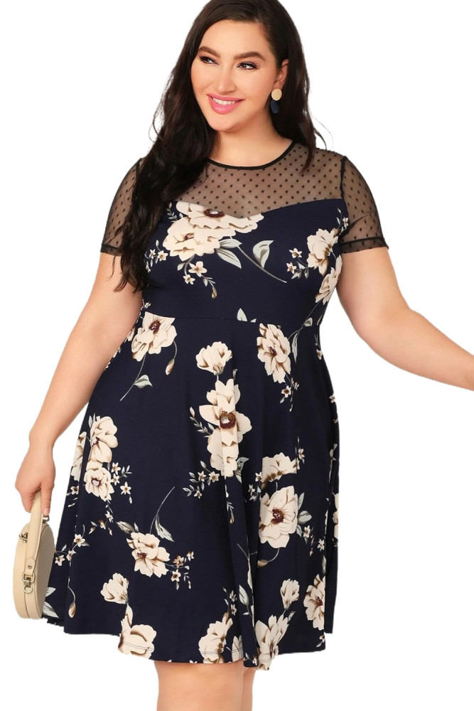 Womens Floral Mesh Plus Size Mini Dress