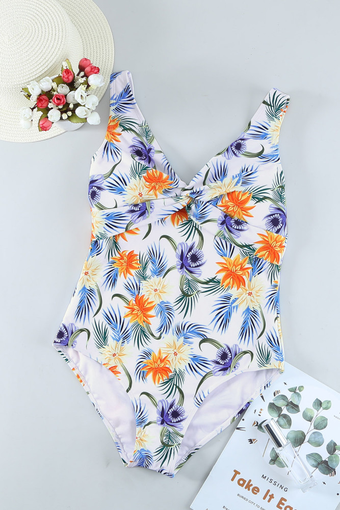 Floral Twist Front Backless One-piece Swimwear