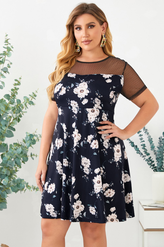 Womens Floral Mesh Plus Size Mini Dress