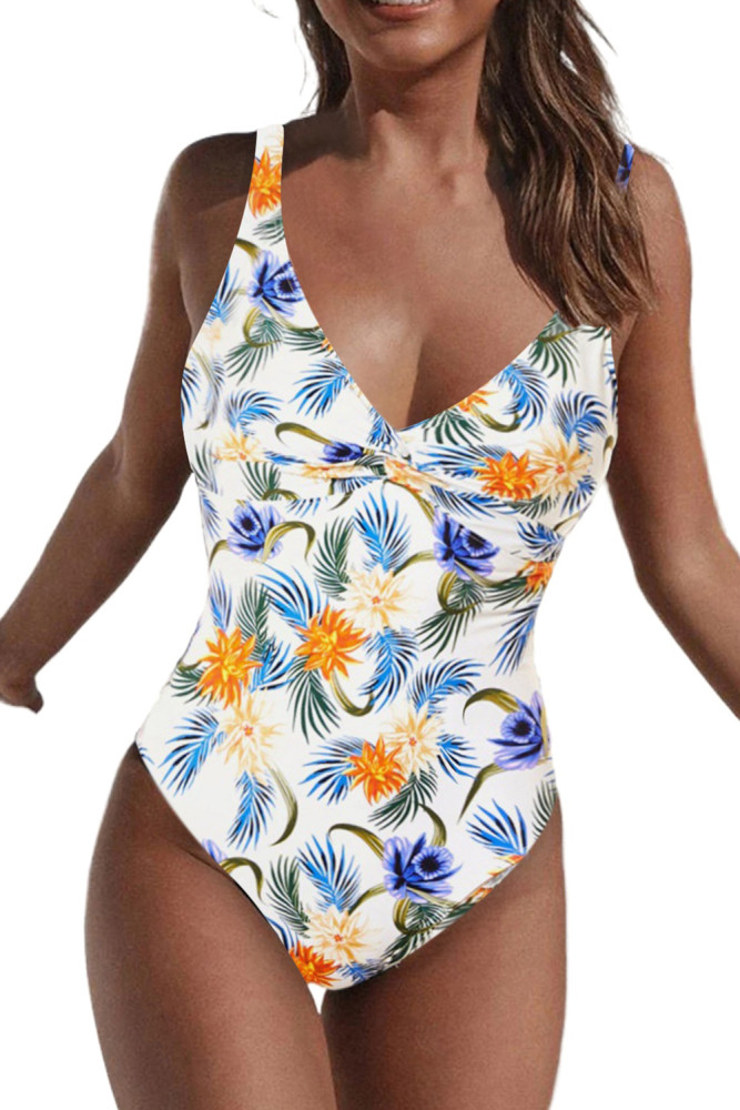 Floral Twist Front Backless One-piece Swimwear