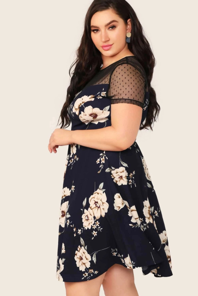 Womens Floral Mesh Plus Size Mini Dress