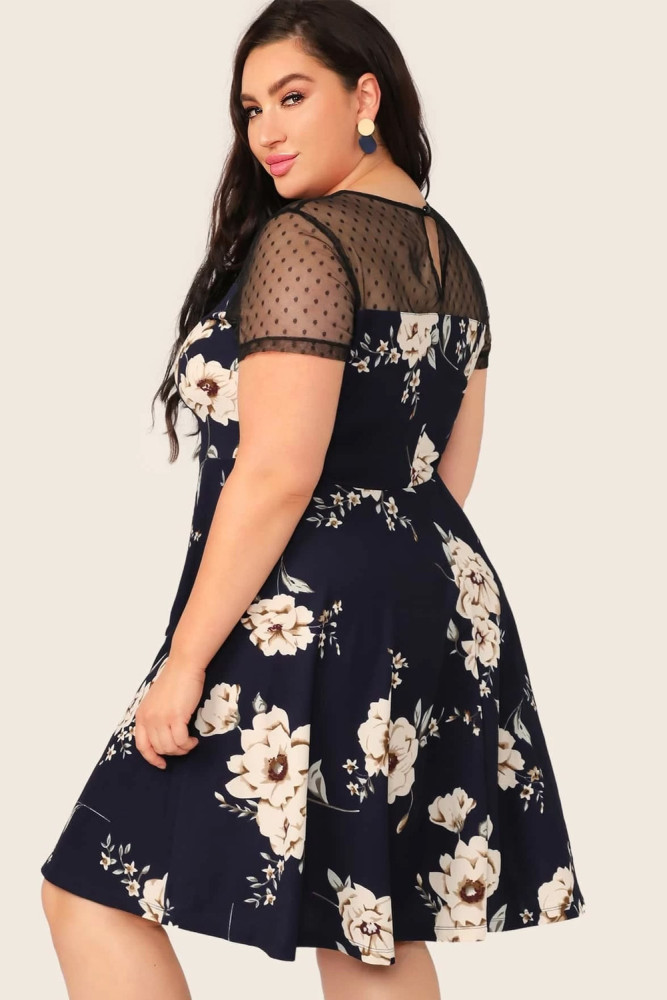 Womens Floral Mesh Plus Size Mini Dress