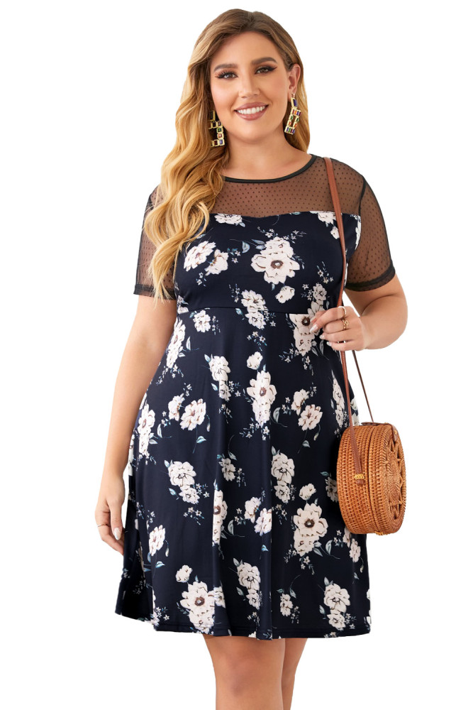 Womens Floral Mesh Plus Size Mini Dress