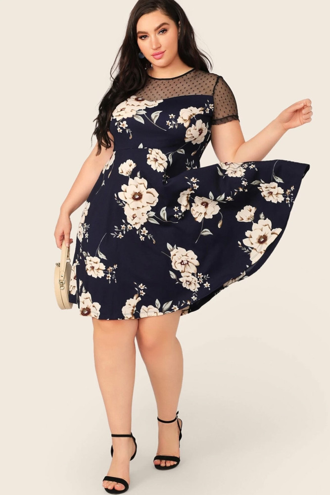 Womens Floral Mesh Plus Size Mini Dress