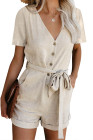 V Neck Short Sleeve Buttons Romper with Belt