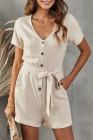 V Neck Short Sleeve Buttons Romper with Belt