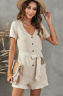 V Neck Short Sleeve Buttons Romper with Belt