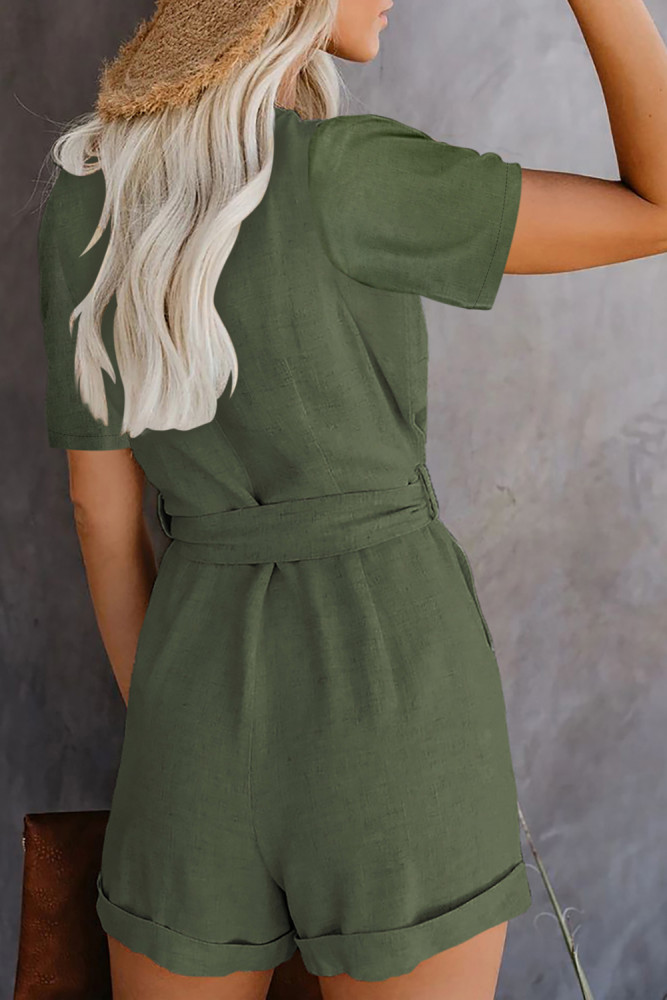 V Neck Short Sleeve Buttons Romper with Belt