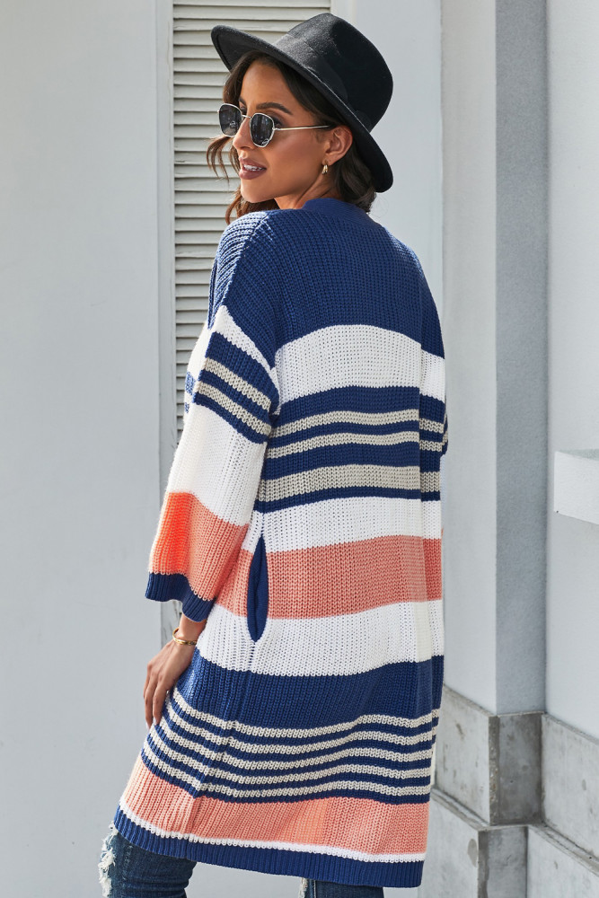 Oversized Striped Chenille Cardigan with Pocket