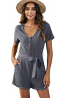 V Neck Short Sleeve Buttons Romper with Belt