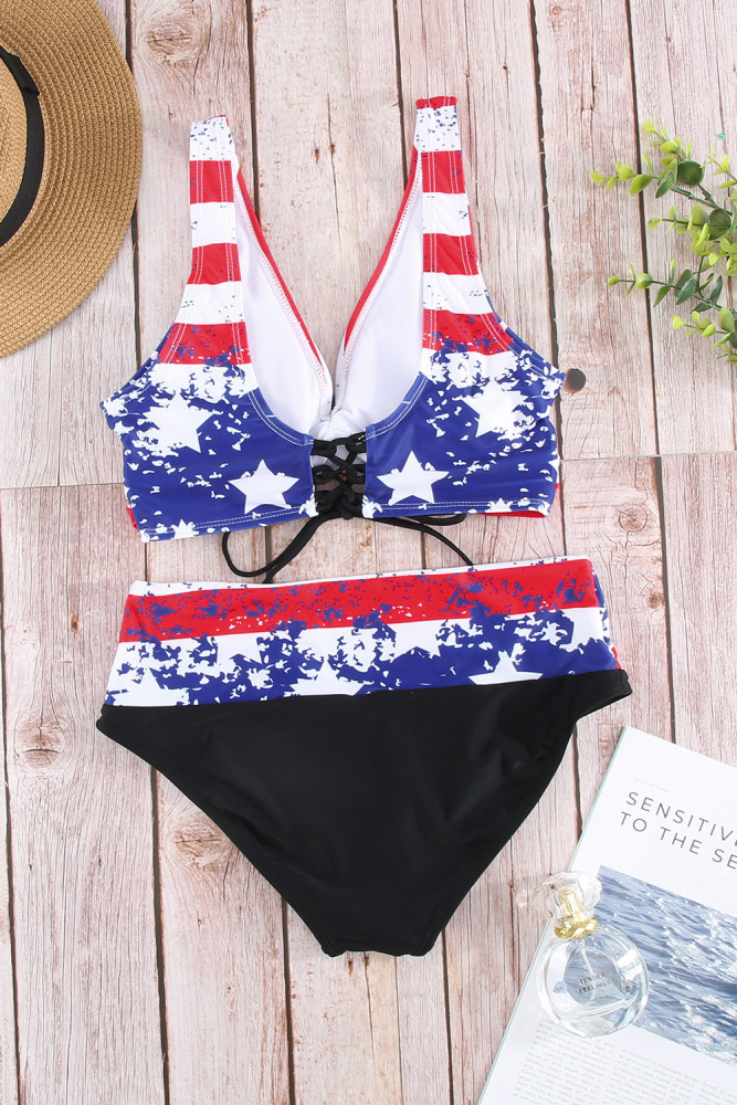 Tie-dye Flag Print Lace-up Back Bikini