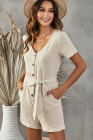 V Neck Short Sleeve Buttons Romper with Belt