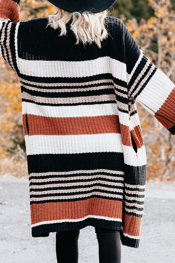 Oversized Striped Chenille Cardigan with Pocket