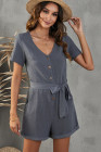 V Neck Short Sleeve Buttons Romper with Belt